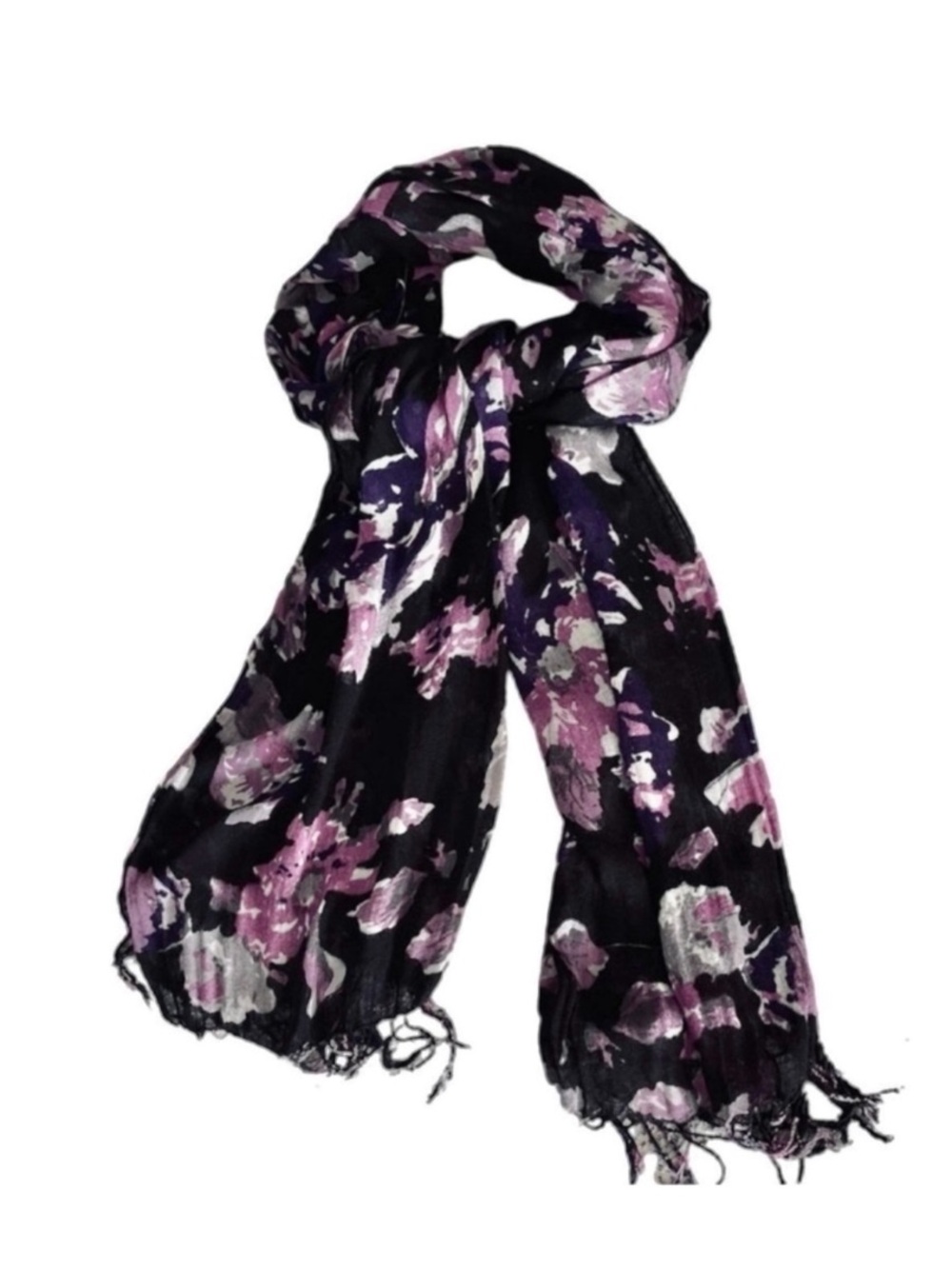 Oblong Floral Scarf Wrap Black Purple Off White
